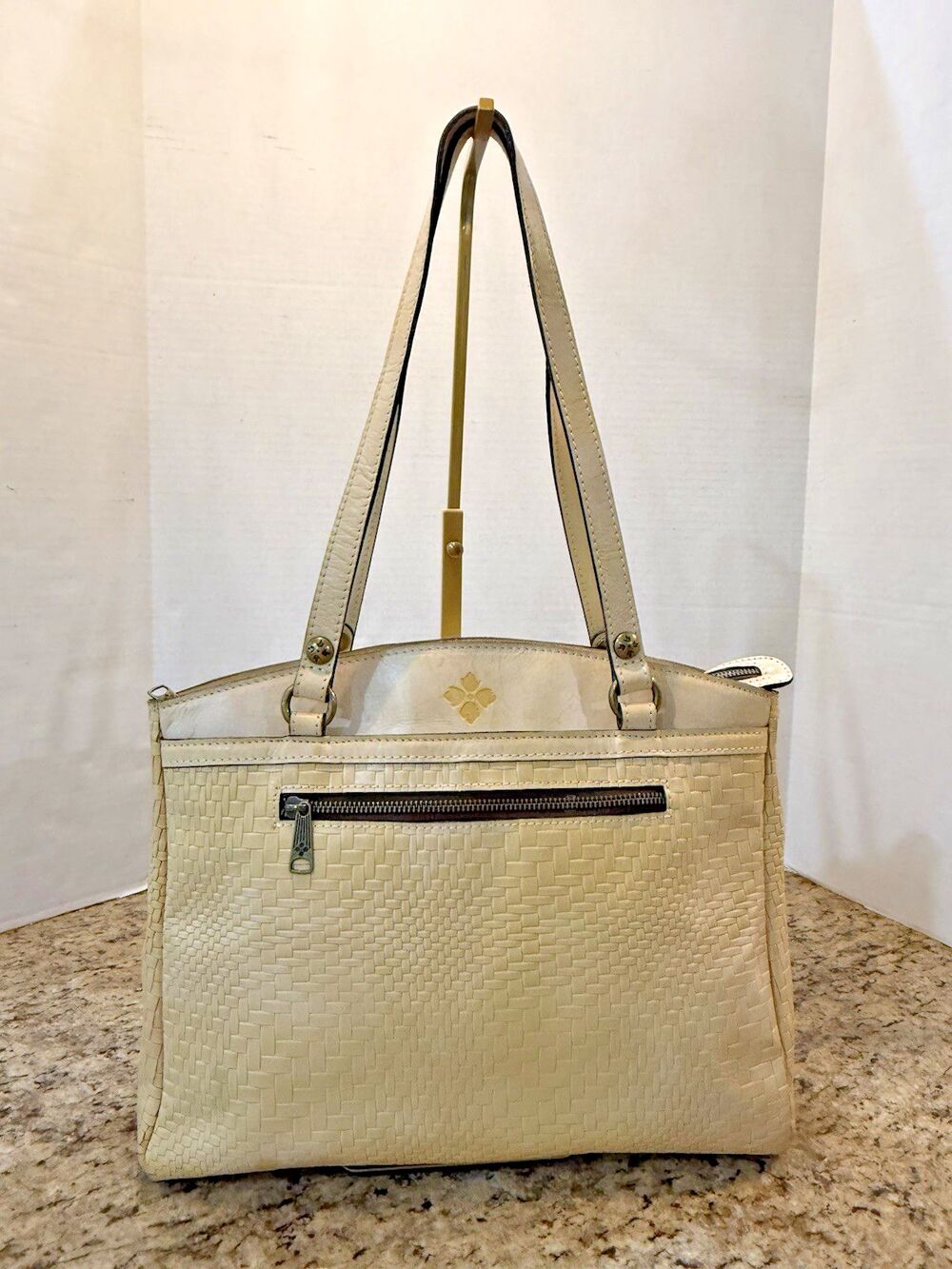 Patricia Nash Poppy Tote Leather Purse Medium Bone Beige Wavy Weave Bag Zip Stud